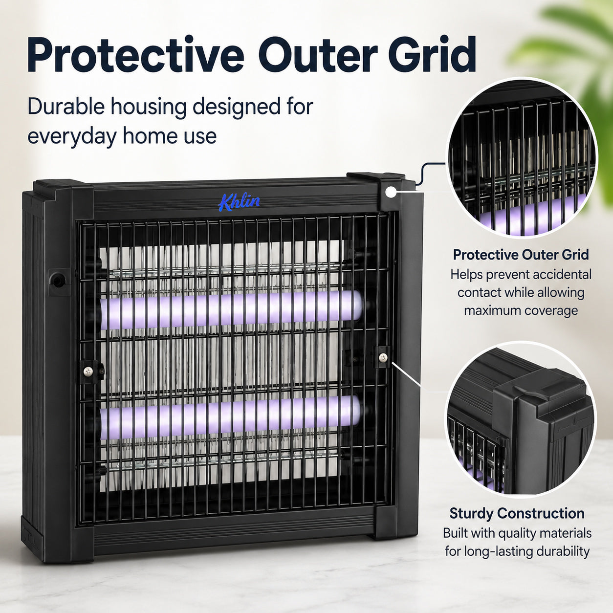 Khlin Bug Zapper Indoor, Electric Mosquito Killer with Dual UV Light Tubes, Compact Fly and Insect Zapper with Protective Outer Grid for Bedroom, Kitchen, Garage, Office and Patio