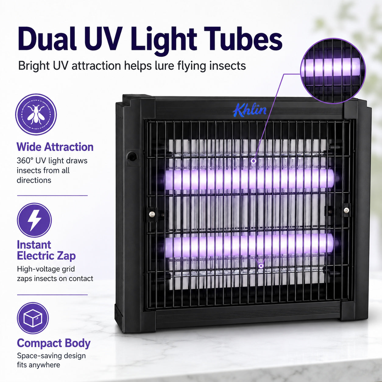 Khlin Bug Zapper Indoor, Electric Mosquito Killer with Dual UV Light Tubes, Compact Fly and Insect Zapper with Protective Outer Grid for Bedroom, Kitchen, Garage, Office and Patio