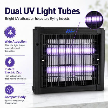 Khlin Bug Zapper Indoor, Electric Mosquito Killer with Dual UV Light Tubes, Compact Fly and Insect Zapper with Protective Outer Grid for Bedroom, Kitchen, Garage, Office and Patio