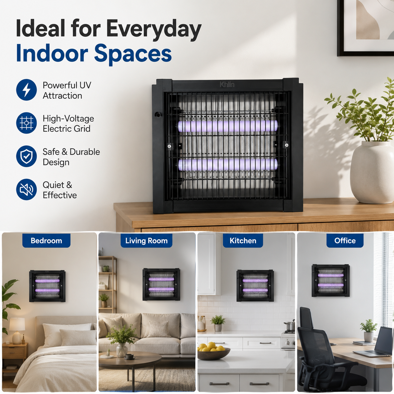 Khlin Bug Zapper Indoor, Electric Mosquito Killer with Dual UV Light Tubes, Compact Fly and Insect Zapper with Protective Outer Grid for Bedroom, Kitchen, Garage, Office and Patio