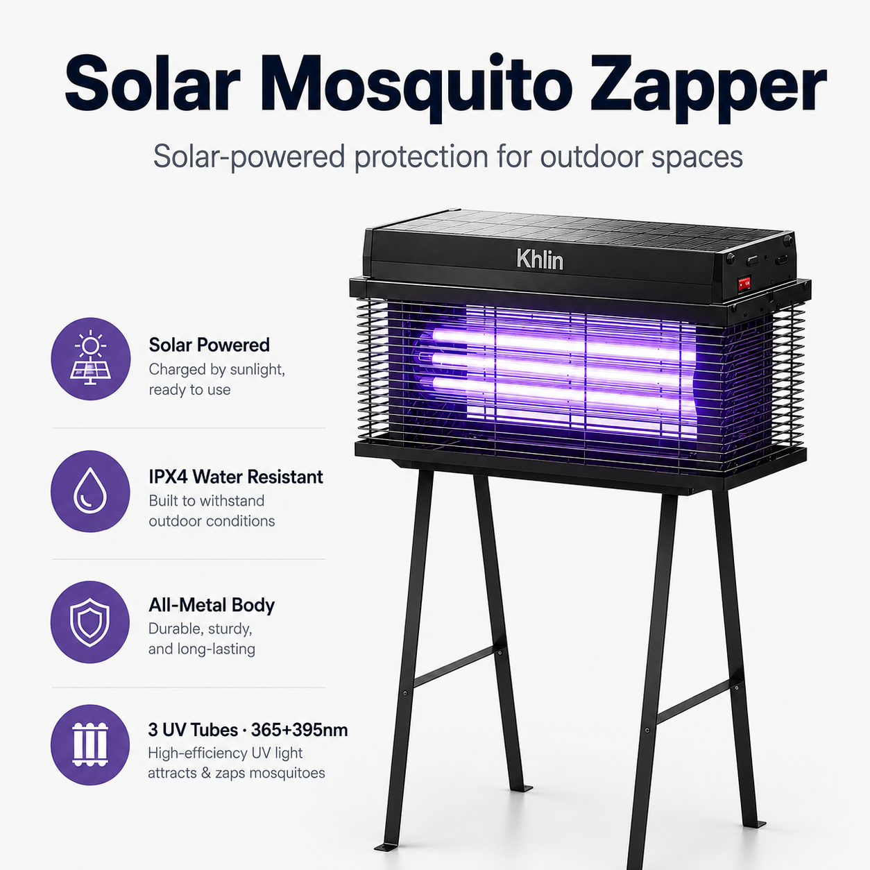 Khlin Solar Mosquito Zapper Outdoor, 3 UV Tube Bug Zapper with 365+395nm Dual Wavelength, Automatic Dusk to Dawn Light Sensor, IPX4 Water Resistant All-Metal Insect Killer for Patio, Garden, Yard & Lawn