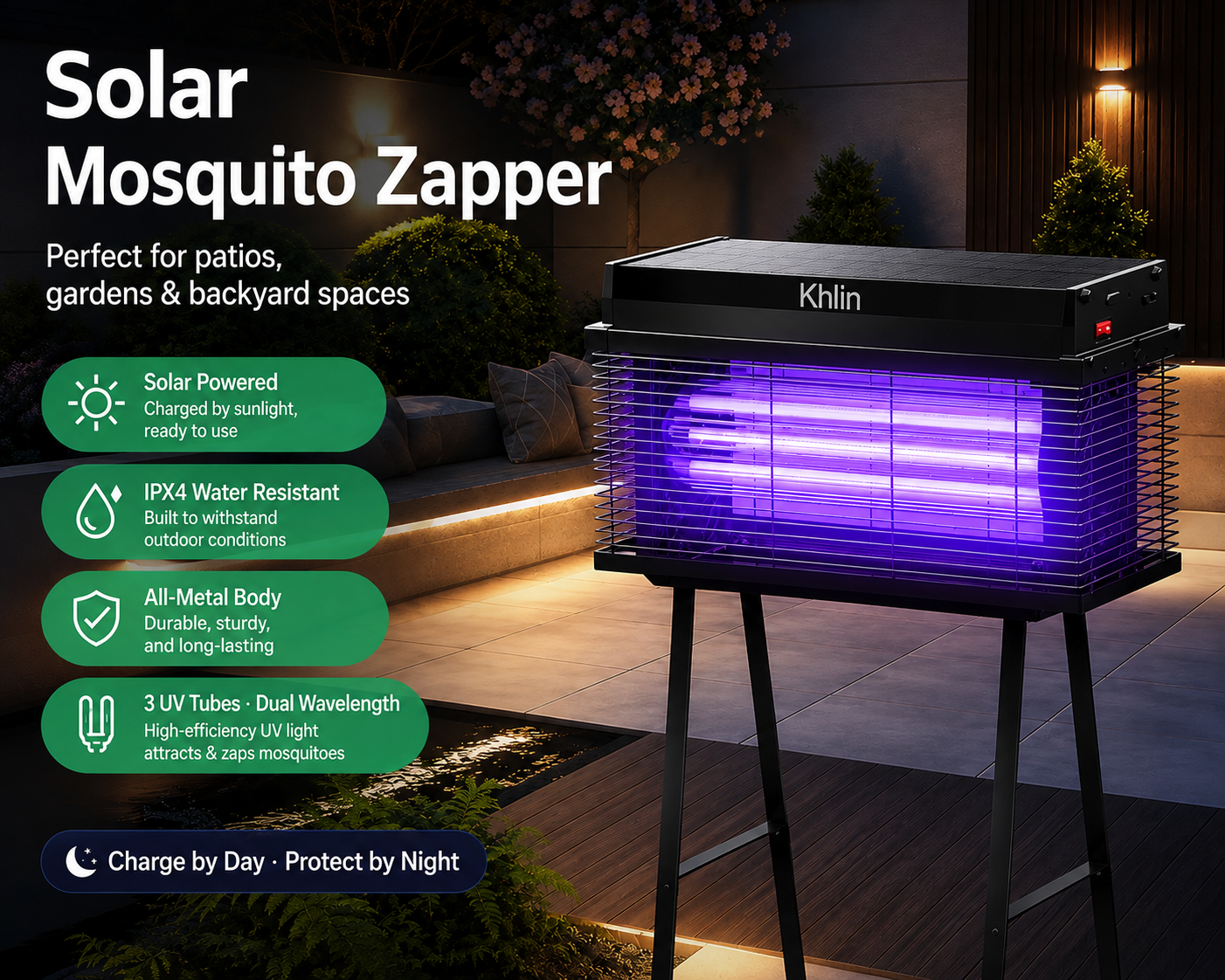 Khlin Solar Mosquito Zapper Outdoor, 3 UV Tube Bug Zapper with 365+395nm Dual Wavelength, Automatic Dusk to Dawn Light Sensor, IPX4 Water Resistant All-Metal Insect Killer for Patio, Garden, Yard & Lawn