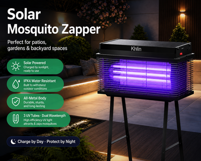 Khlin Solar Mosquito Zapper Outdoor, 3 UV Tube Bug Zapper with 365+395nm Dual Wavelength, Automatic Dusk to Dawn Light Sensor, IPX4 Water Resistant All-Metal Insect Killer for Patio, Garden, Yard & Lawn