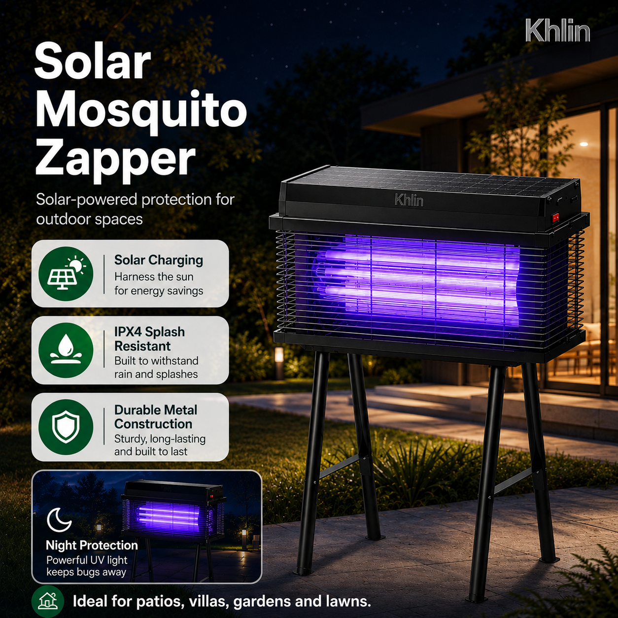 Khlin Solar Mosquito Zapper Outdoor, 3 UV Tube Bug Zapper with 365+395nm Dual Wavelength, Automatic Dusk to Dawn Light Sensor, IPX4 Water Resistant All-Metal Insect Killer for Patio, Garden, Yard & Lawn