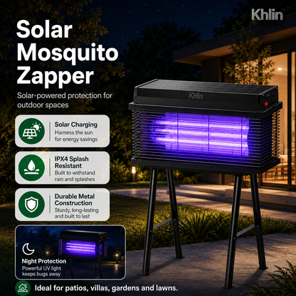 Khlin Solar Mosquito Zapper Outdoor, 3 UV Tube Bug Zapper with 365+395nm Dual Wavelength, Automatic Dusk to Dawn Light Sensor, IPX4 Water Resistant All-Metal Insect Killer for Patio, Garden, Yard & Lawn