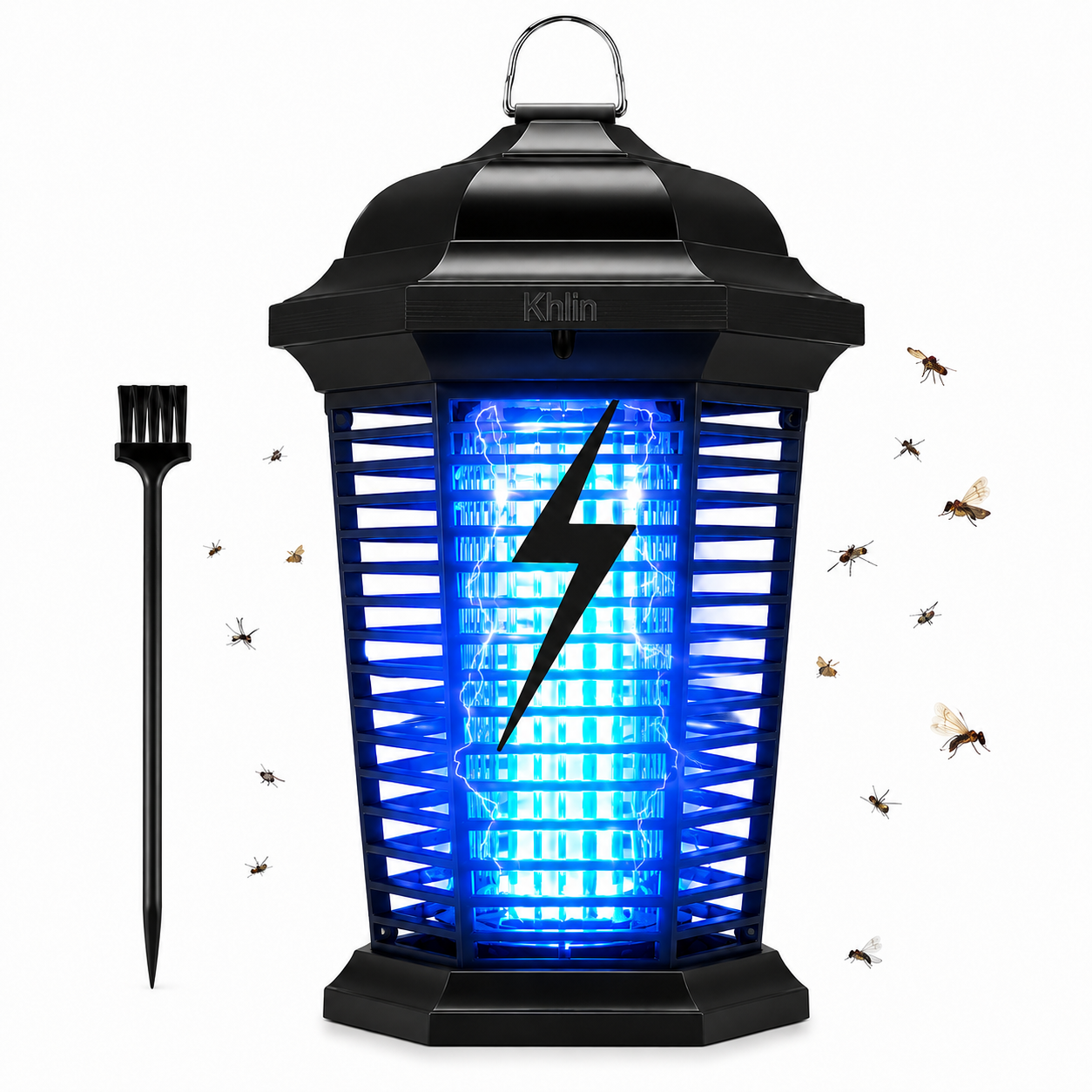 Khlin Outdoor Bug Zapper, 365nm UV Light Electric Insect Killer for Patio & Garden, 360° Flying Insect Attraction with Protective Grid, Easy-Clean Removable Tray, Hanging & Ground Stake Design for Mosquitoes, Flies, Gnats