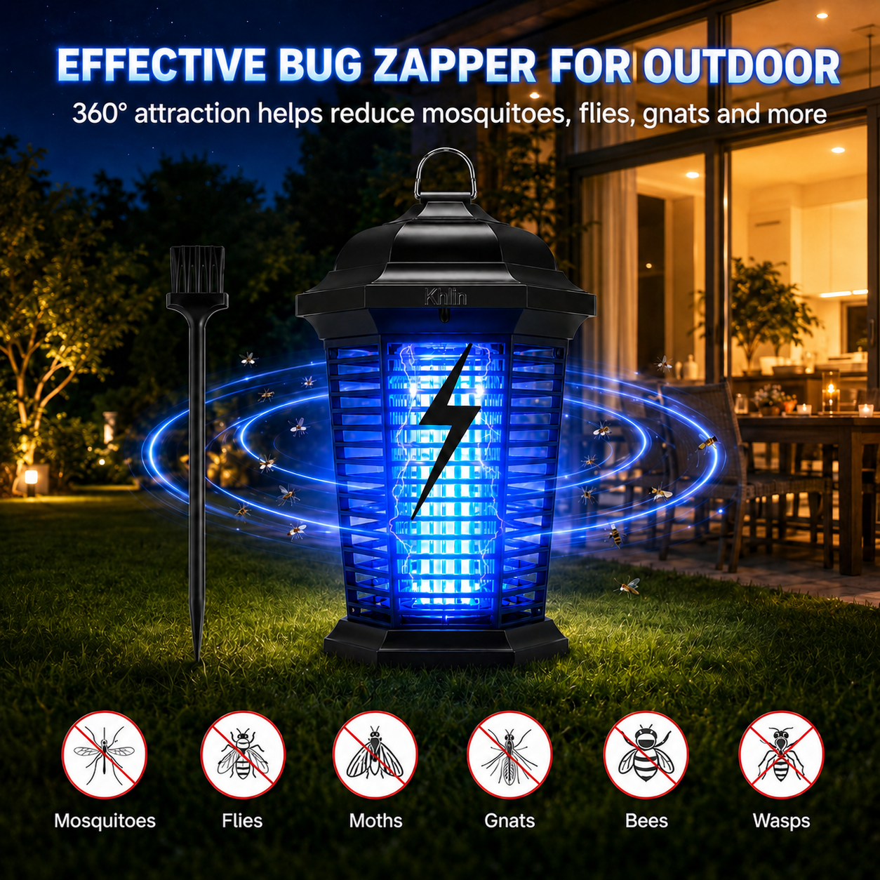 Khlin Outdoor Bug Zapper, 365nm UV Light Electric Insect Killer for Patio & Garden, 360° Flying Insect Attraction with Protective Grid, Easy-Clean Removable Tray, Hanging & Ground Stake Design for Mosquitoes, Flies, Gnats
