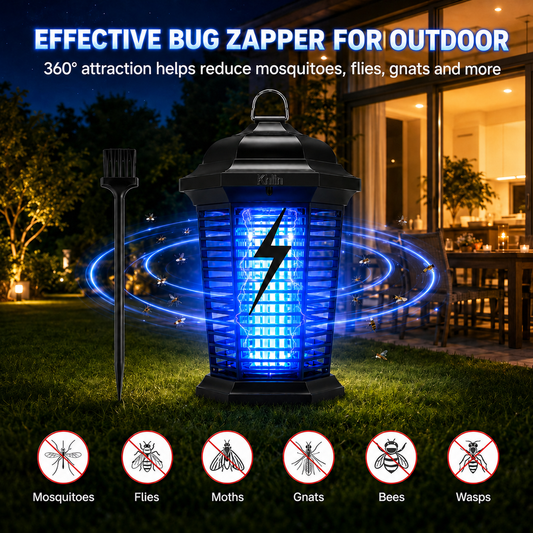 Khlin Outdoor Bug Zapper, 365nm UV Light Electric Insect Killer for Patio & Garden, 360° Flying Insect Attraction with Protective Grid, Easy-Clean Removable Tray, Hanging & Ground Stake Design for Mosquitoes, Flies, Gnats