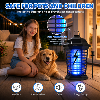 Khlin Outdoor Bug Zapper, 365nm UV Light Electric Insect Killer for Patio & Garden, 360° Flying Insect Attraction with Protective Grid, Easy-Clean Removable Tray, Hanging & Ground Stake Design for Mosquitoes, Flies, Gnats