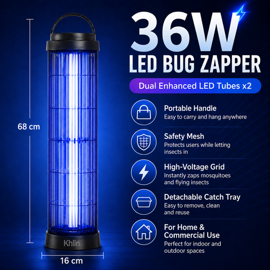 Khlin 36W LED Bug Zapper Indoor & Outdoor, Dual Enhanced LED Tubes Electric Mosquito Killer Lamp with Safety Mesh, High Voltage Grid, Detachable Catch Tray, Portable Handle for Home, Patio, Garage, Restaurant